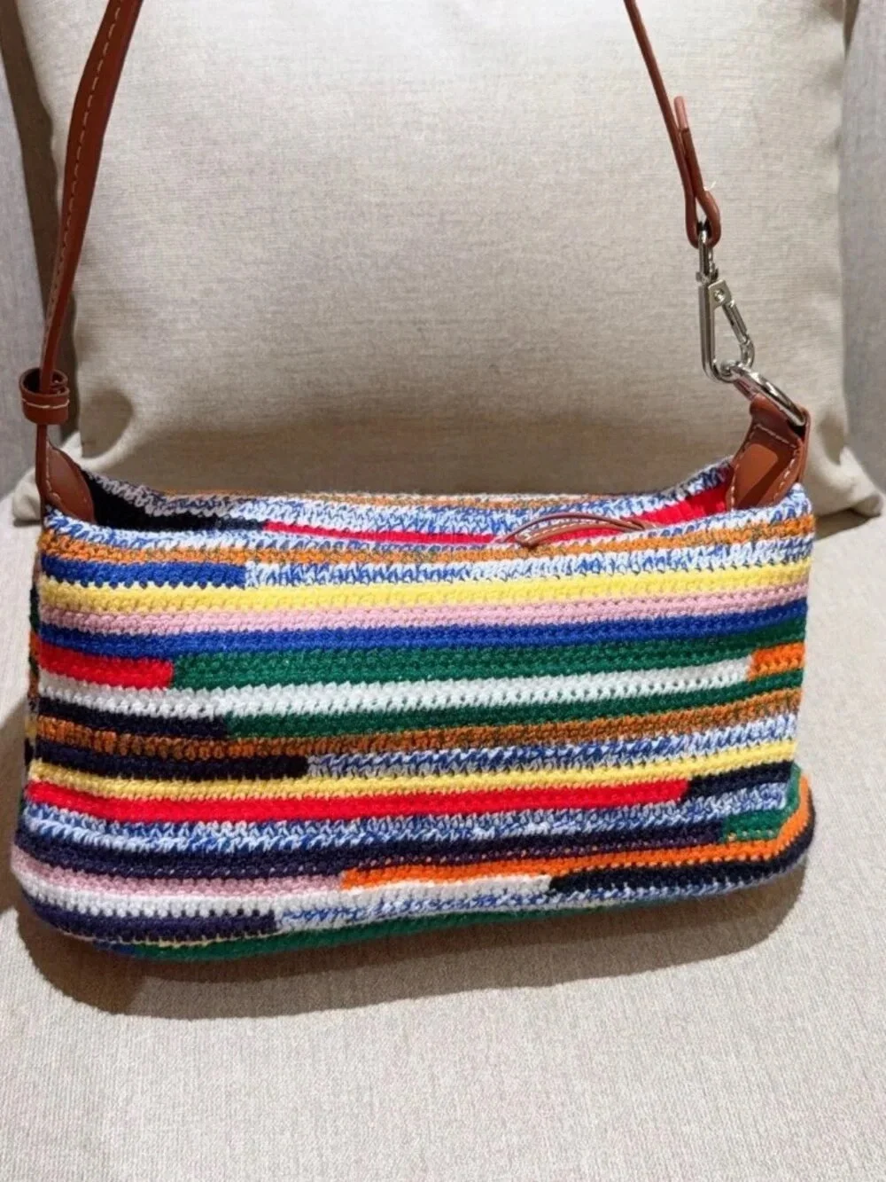 Miu Miu Multicolor Striped Knit Shoulder Bag with Tan Leather Strap